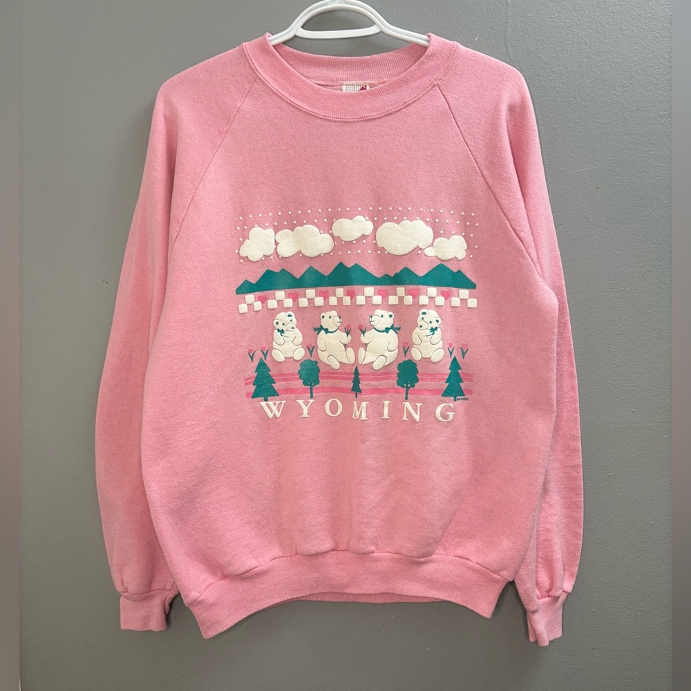 Vintage 80s Wyoming Sweatshirt Pink Graphic Crewneck Jerzees L
